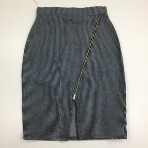 THE VINTAGE SHOP Dark Blue Gray Striped Asymmetric Zip Front Pencil Skirt